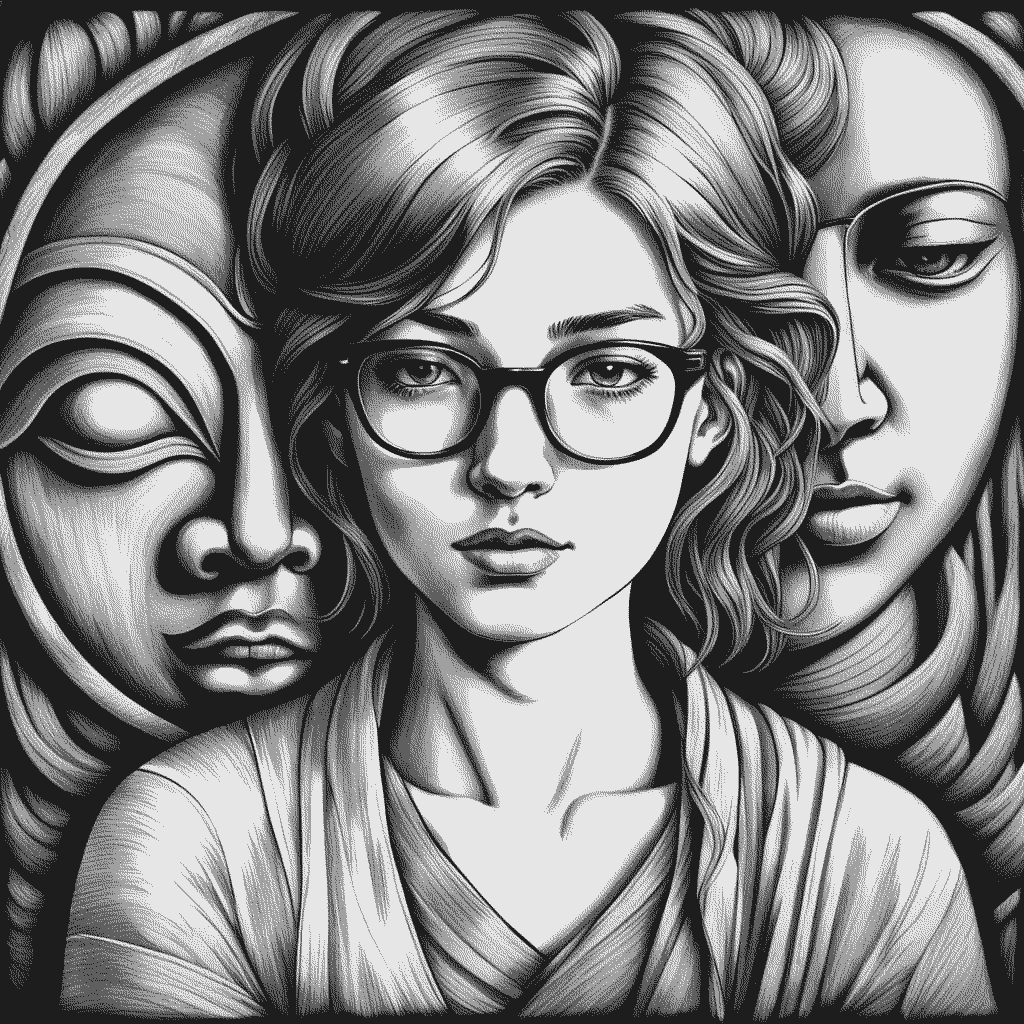 A portrait in the style of a woodcut, a young feminine person with long hair tied up messily, with locks spilling down on either side of aer face.  Ae wears glasses and robes. On either side of aer are a carving of Buddha and an unidentified deity or Bodhisattva.